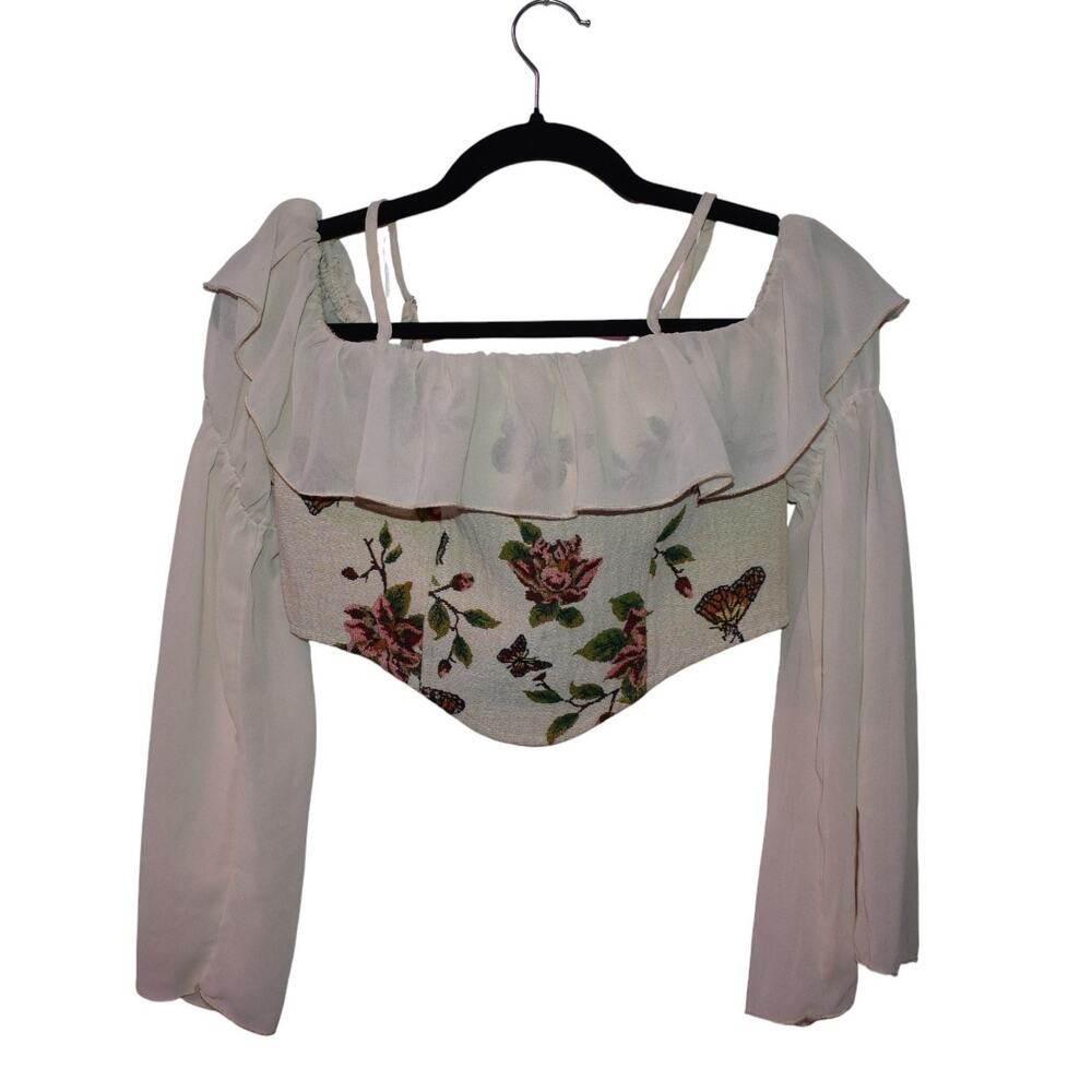 Cider Floral Butterfly Off Shoulder Crop Top Tapestry Ruffle Blouse Ren Fayre M